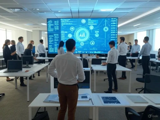 People in a modern office are gathered around a large digital display screen presenting AI data.