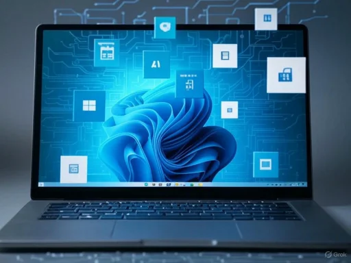 A laptop displaying a digital interface with icons representing cloud computing, AI, security, and data.
