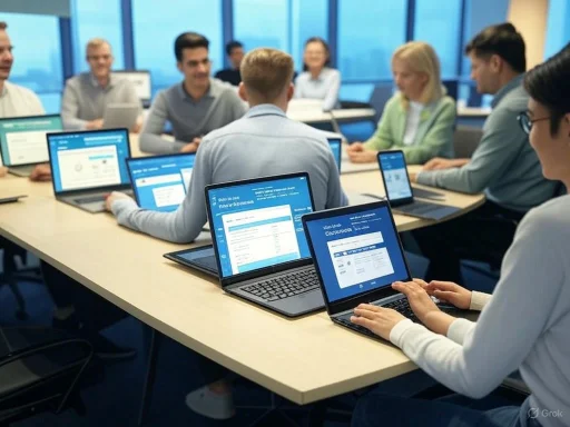 A diverse group of professionals attend a virtual meeting in a modern conference room, each working on laptops or tablets. A diverse group of professionals attend a virtual meeting in a modern conference room, each working on laptops or tablets.