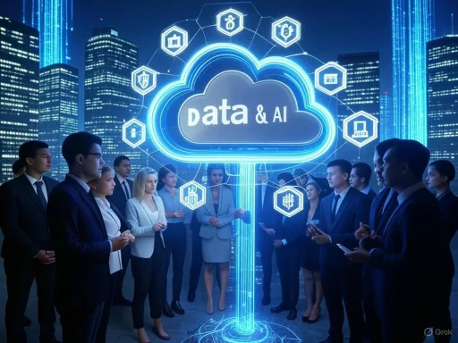 Businesspeople gathered around a digital cloud labeled 'Data & AI' with icons representing technology and analytics in a futuristic cityscape.