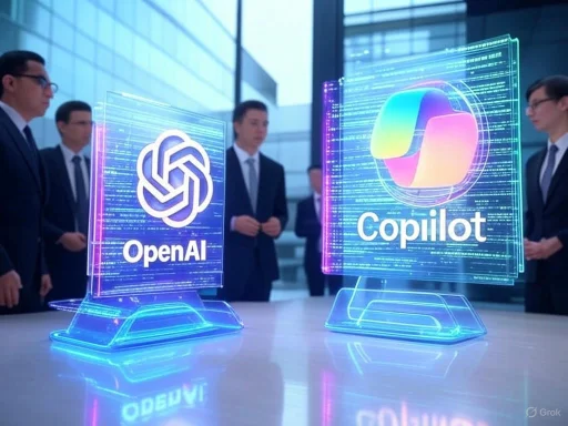 Holographic displays of OpenAI and Copilot logos with business people in a modern office setting.