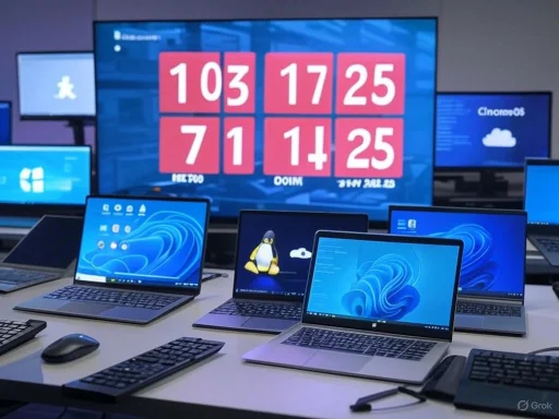 Multiple laptops and monitors displaying various screens, including a large digital clock, in a tech workspace.