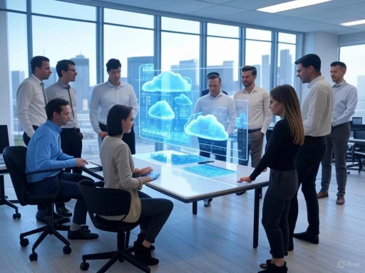 A diverse group of professionals in a modern office discuss digital cloud technology using holographic cloud graphics. A diverse group of professionals in a modern office discuss digital cloud technology using holographic cloud graphics.
