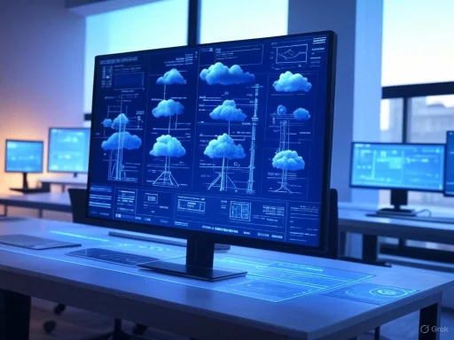 A high-tech control room displaying cloud technology simulations and data on multiple monitors. A high-tech control room displaying cloud technology simulations and data on multiple monitors.