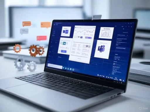 A laptop displaying digital design sketches and charts in a modern workspace with gear models and screens in the background.