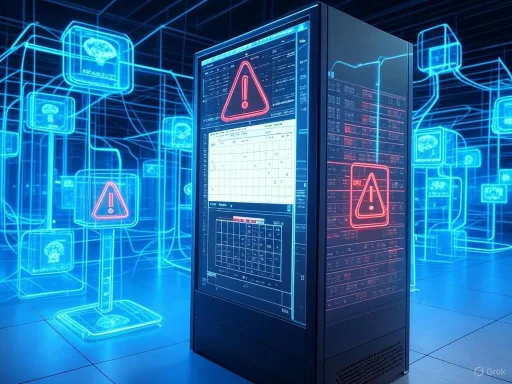 A digital health data server displaying warning alerts amidst a futuristic tech background with holographic images.