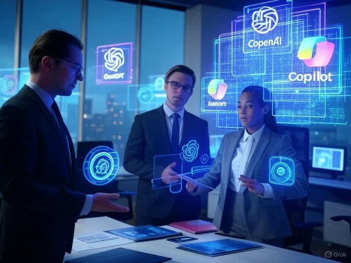 Business professionals discussing AI and technology concepts in a high-tech conference room.