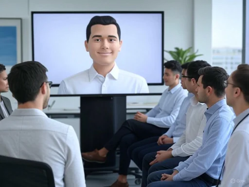 A diverse group of professionals engages in a virtual meeting with a large monitor displaying a smiling man.