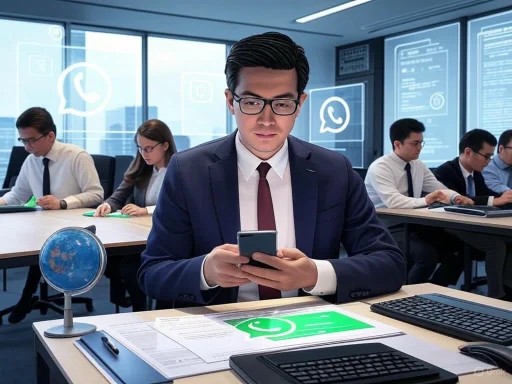 A man in a suit and glasses uses his phone in a modern conference room with colleagues working at the table. A man in a suit and glasses uses his phone in a modern conference room with colleagues working at the table.