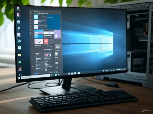 A computer monitor displays a Windows desktop with the start menu open, placed on a wooden desk with a keyboard.