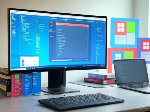 A workspace with a large monitor displaying a programming or email client, a laptop, and colorful icon posters in the background.