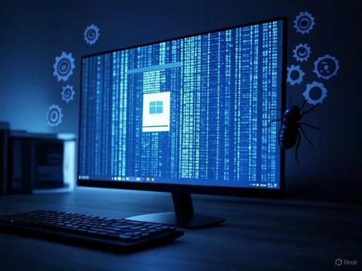 A computer screen displays digital code with a Windows logo, surrounded by gear icons and a bug, indicating cybersecurity or hacking.