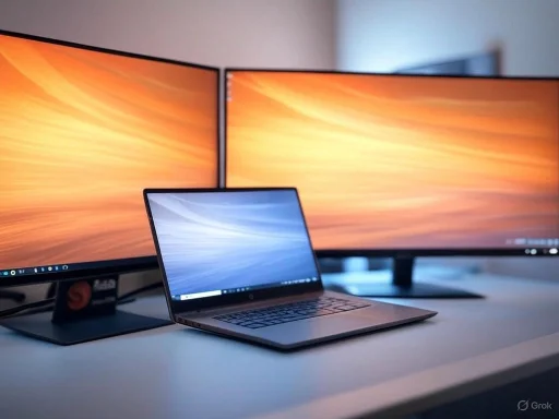 A sleek laptop connected to two large curved monitors displaying vibrant orange and yellow abstract backgrounds.
