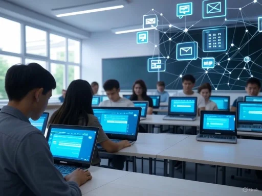 Students in a classroom are working on laptops with digital icons and network graphics projected on the blackboard.