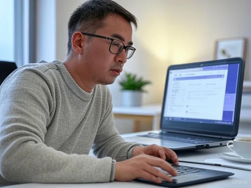 A man working on a laptop in a bright, modern office with a potted plant in the background.