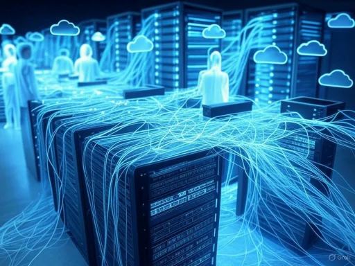 A digital illustration of a cloud computing data center with interconnected servers and is implied to involve data flow or networking.