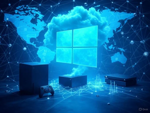 A digital illustration of cloud technology with a Windows logo, gaming console, controller, and world map connected by network lines.