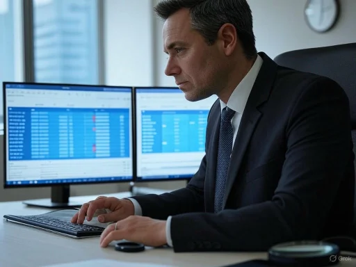 A businessman working on a computer with dual monitors displaying spreadsheets in an office setting.
