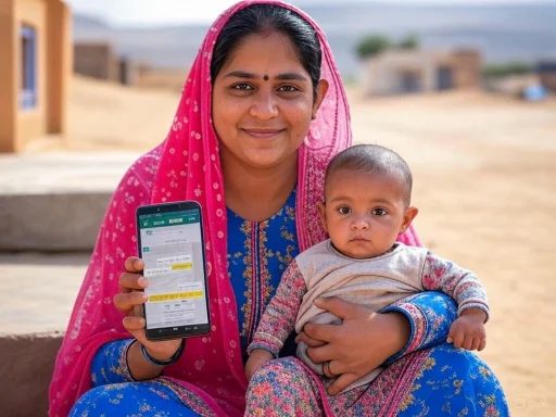 A smiling woman in traditional attire shows a mobile phone with a digital document, holding a young child outdoors.