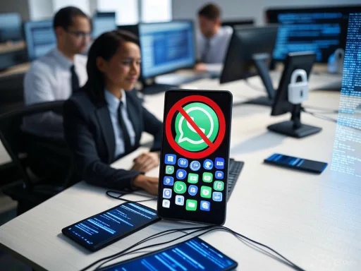 A smartphone displays a WhatsApp icon with a prohibition sign, surrounded by multiple computer screens in a high-tech office. A smartphone displays a WhatsApp icon with a prohibition sign, surrounded by multiple computer screens in a high-tech office.