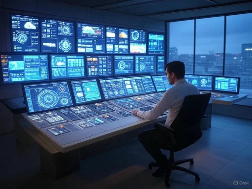 A man monitors advanced digital dashboards in a high-tech control room with city views.