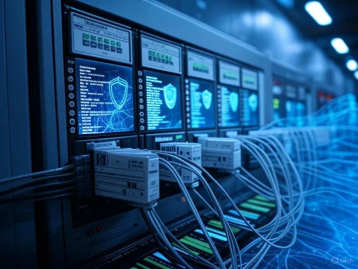 Data servers with multiple connected cables display cybersecurity or network monitoring interfaces in a data center.