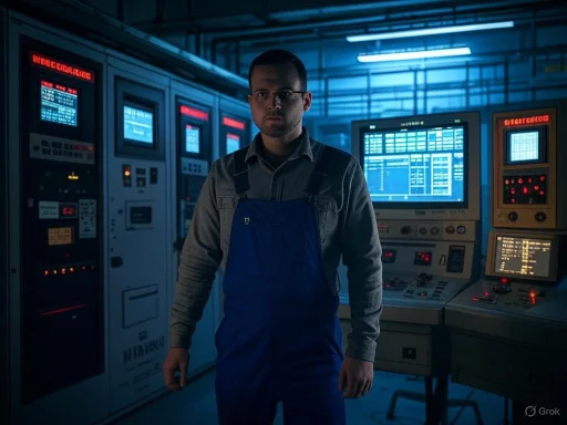 A technician stands in a dimly lit control room with multiple monitors and servers, appearing focused and serious.