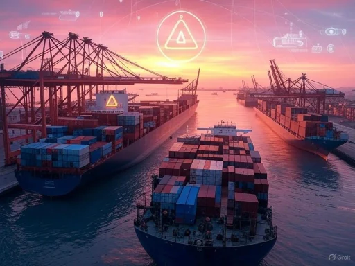 Cargo ships docked at port during sunset with digital warning icons overlayed on the image.