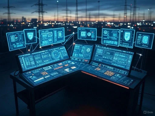 A futuristic control room with holographic screens and advanced digital interfaces at dusk.