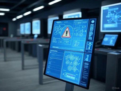 A warning screen displays on a digital monitor in a high-tech control room filled with multiple screens and workstations.
