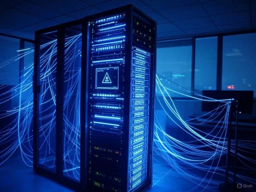 A server room illuminated with blue neon lights and data cables, showcasing a high-tech data center environment.