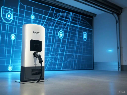 An electric vehicle charger station is shown with a digital blue grid wall in the background.