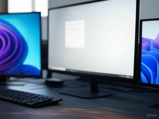 Multiple computer monitors displaying various screens are set up on a desk, suggesting a workspace or office environment.