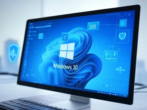 A computer screen displays the Windows 10 desktop with security icons and graphical interface elements.