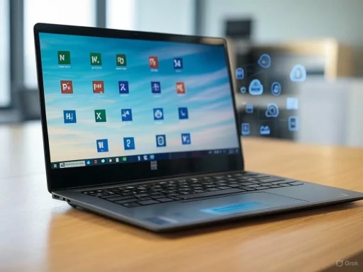 A laptop displaying various app icons on its screen, with virtual cloud and lock icons floating nearby.