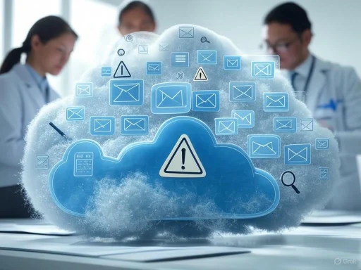Cloud computing concept with email alerts and warning symbols, overlaid on a cloud-shaped object.