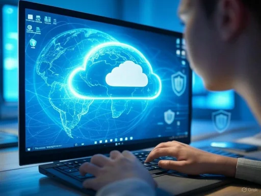 Person using a laptop with a digital cloud and world map on screen, symbolizing cloud computing and global data security.