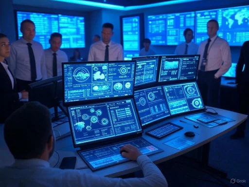 A team of professionals monitors multiple screens displaying data and maps in a high-tech control room.