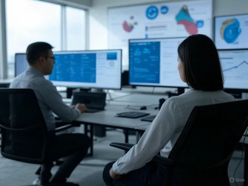 Two professionals analyze data on multiple monitors in a modern, bright office setting.