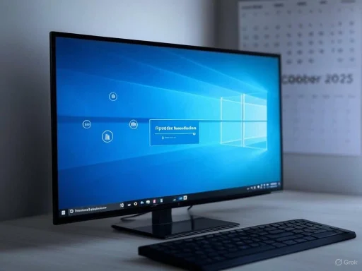 A desktop computer with a monitor displaying the Windows 10 login screen, accompanied by a keyboard on a white desk.