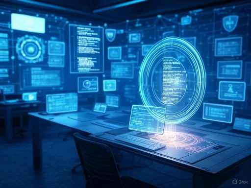 A high-tech security or data analysis room with holographic digital interfaces and displays.