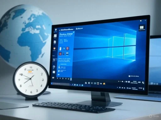 A workspace featuring a computer monitor displaying Windows 10, a clock, a keyboard, and a globe in the background.