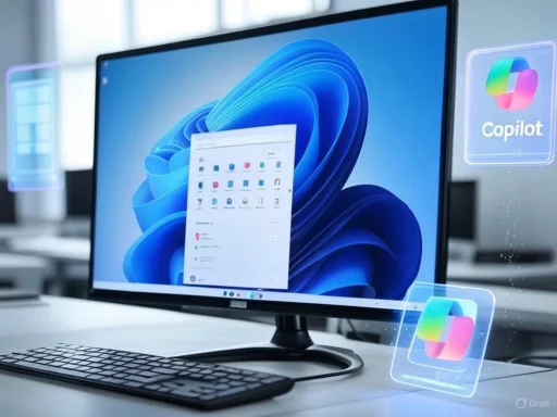 A computer monitor displays a Windows 11 desktop with floating app icons labeled 'Capilot' in a modern workspace. A computer monitor displays a Windows 11 desktop with floating app icons labeled 'Capilot' in a modern workspace.