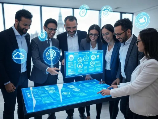 Team of professionals analyzing a futuristic digital interface in a modern office setting.