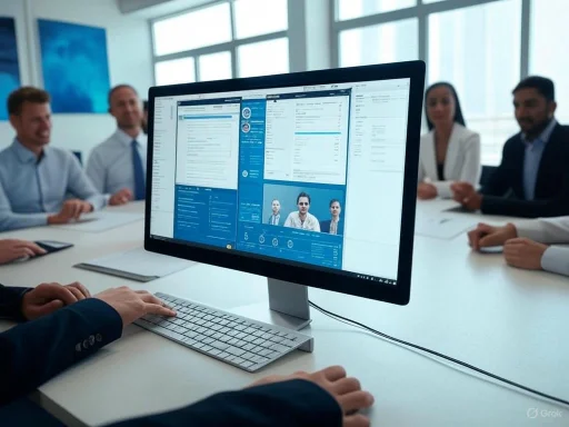 A meeting room with professionals viewing video calls and presentations on a computer screen. A meeting room with professionals viewing video calls and presentations on a computer screen.