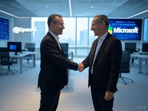 Two business men shake hands in a modern office with screens displaying OpenAI and Microsoft logos in the background. Two business men shake hands in a modern office with screens displaying OpenAI and Microsoft logos in the background.