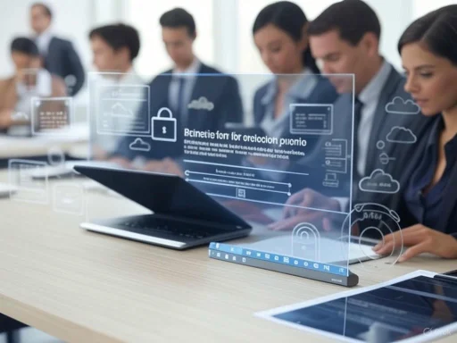 Businesspeople in formal attire viewing a transparent digital interface with cloud and security icons during a meeting. Businesspeople in formal attire viewing a transparent digital interface with cloud and security icons during a meeting.