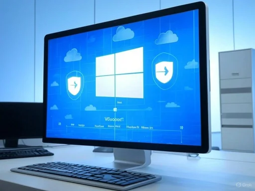 A computer monitor displaying a blueprint-inspired Windows security or protection interface with cloud icons and shield symbols.