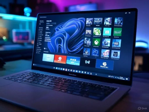 A laptop displaying a digital interface with various app icons in a dimly lit room with colorful ambient lighting. A laptop displaying a digital interface with various app icons in a dimly lit room with colorful ambient lighting.