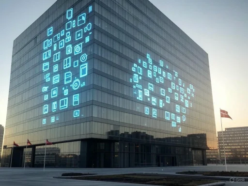 A modern glass building displays digital neon icons on its exterior during dusk. A modern glass building displays digital neon icons on its exterior during dusk.